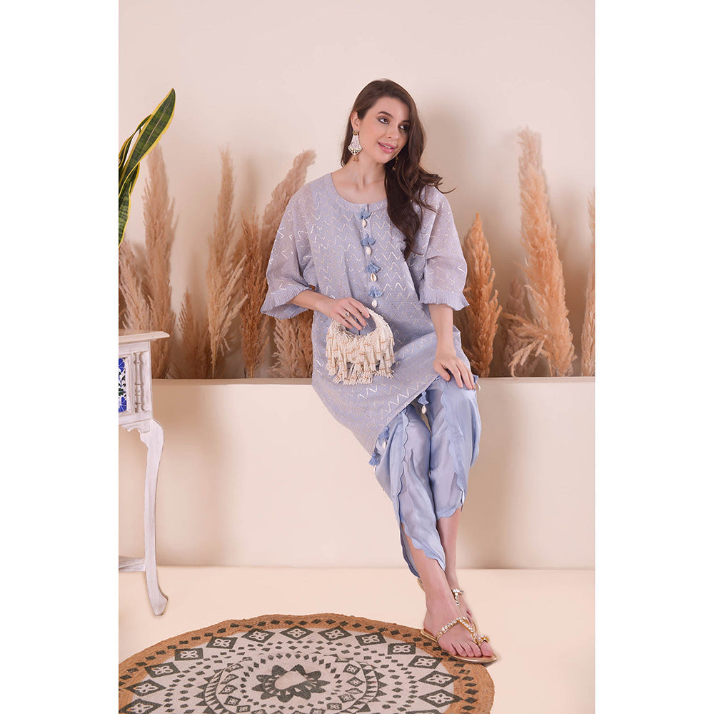 SURABHI ARYA Powder Blue Wave Kimono Kurta with Dhoti Pant and Slip- Lavender