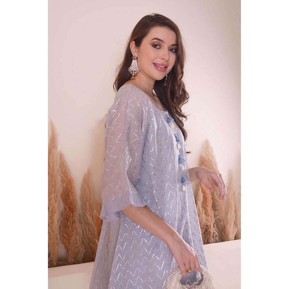 SURABHI ARYA Powder Blue Wave Kimono Kurta with Dhoti Pant and Slip- Lavender