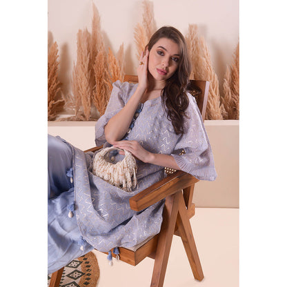 SURABHI ARYA Powder Blue Wave Kimono Kurta with Dhoti Pant and Slip- Lavender