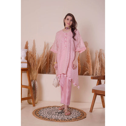 SURABHI ARYA Soft Pink Serinity Kimono Kurta with Pant and Slip (Set of 3)