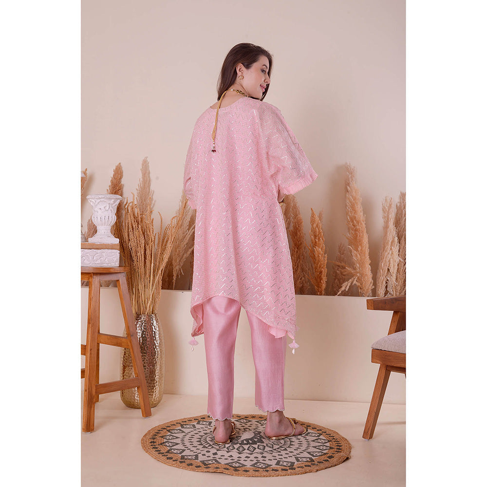SURABHI ARYA Soft Pink Serinity Kimono Kurta with Pant and Slip (Set of 3)
