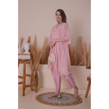 SURABHI ARYA Soft Pink Serinity Kimono Kurta with Pant and Slip (Set of 3)