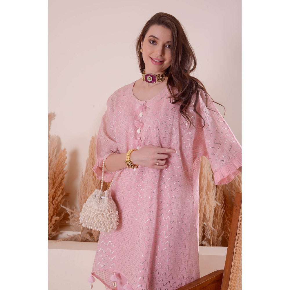 SURABHI ARYA Soft Pink Serinity Kimono Kurta with Pant and Slip (Set of 3)