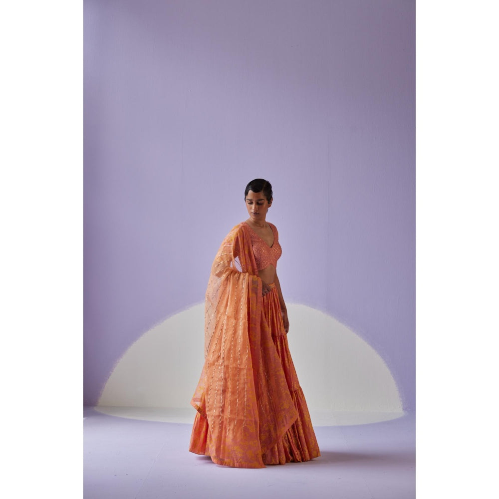 Surbhi Gupta Coral Tiered Lehenga with Blouse and Dupatta (Set of 3)