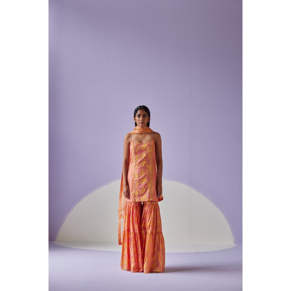 Surbhi Gupta Coral Tiered Sharara with Kurta and Dupatta (Set of 3)