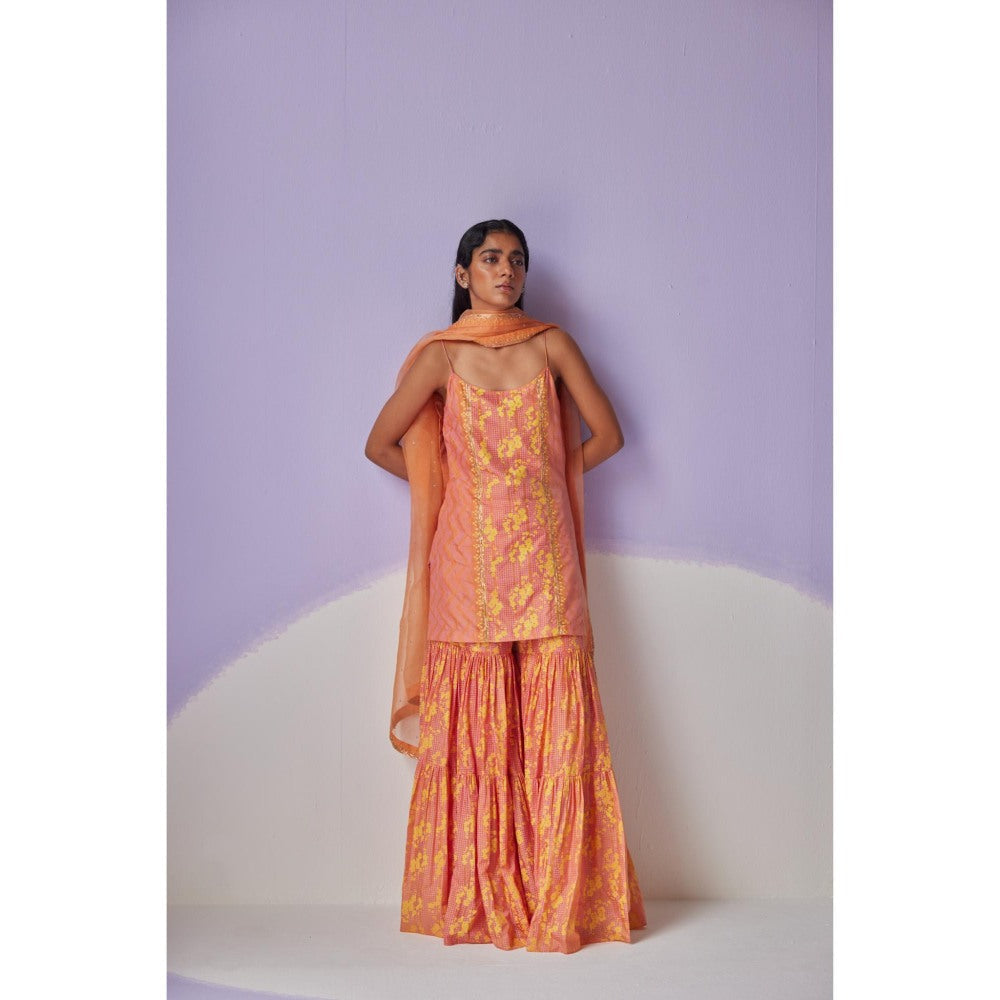 Surbhi Gupta Coral Tiered Sharara with Kurta and Dupatta (Set of 3)