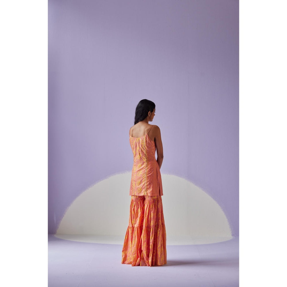 Surbhi Gupta Coral Tiered Sharara with Kurta and Dupatta (Set of 3)