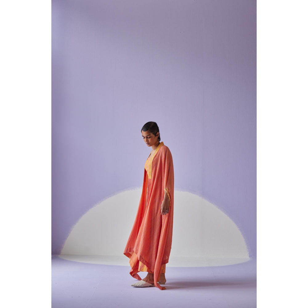 Surbhi Gupta Coral Crinkled Cape with Blouse and Trouser (Set of 3)