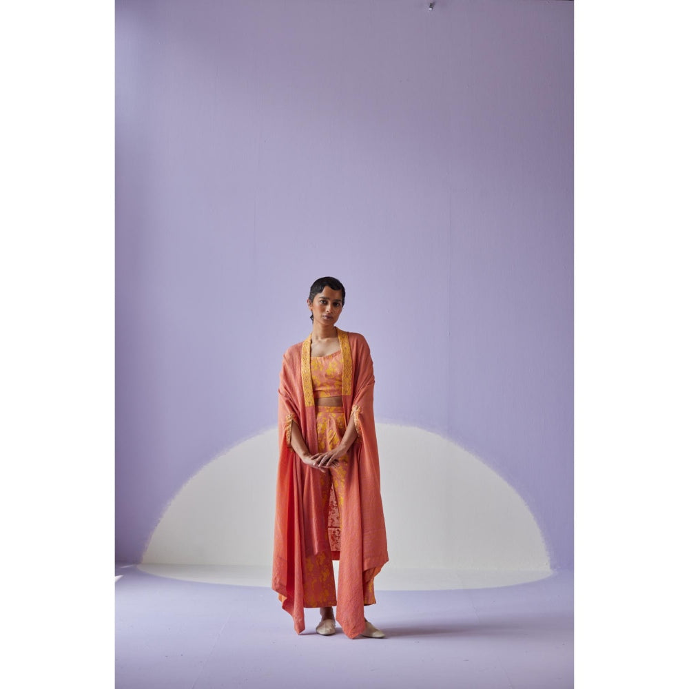 Surbhi Gupta Coral Crinkled Cape with Blouse and Trouser (Set of 3)