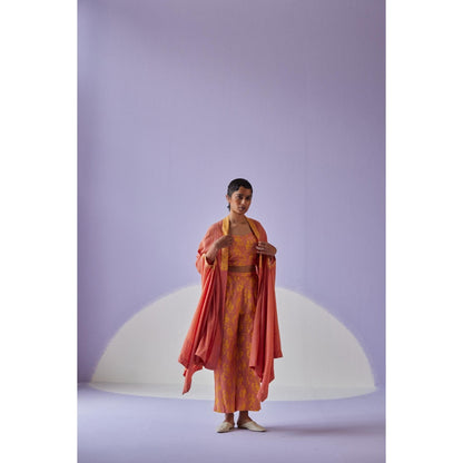 Surbhi Gupta Coral Crinkled Cape with Blouse and Trouser (Set of 3)