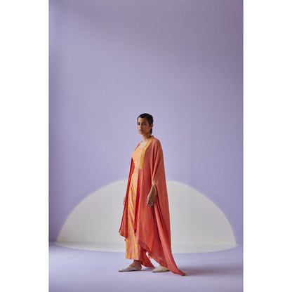 Surbhi Gupta Coral Crinkled Cape with Blouse and Trouser (Set of 3)