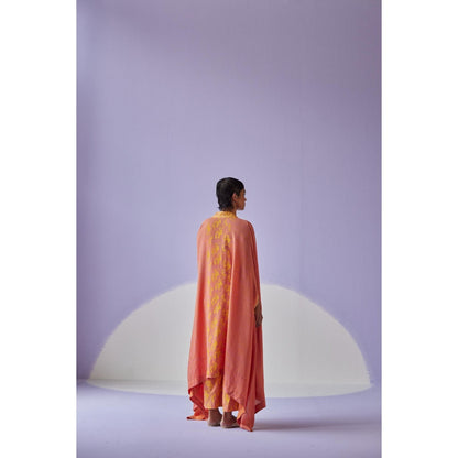 Surbhi Gupta Coral Crinkled Cape with Blouse and Trouser (Set of 3)