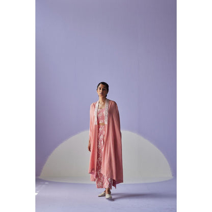 Surbhi Gupta Rose Pink Crinkled Cape with Blouse and Trouser (Set of 3)