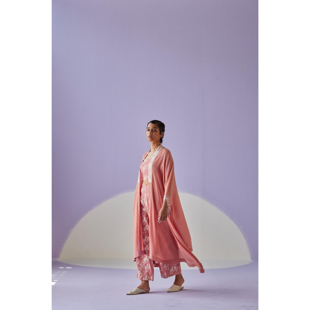 Surbhi Gupta Rose Pink Crinkled Cape with Blouse and Trouser (Set of 3)