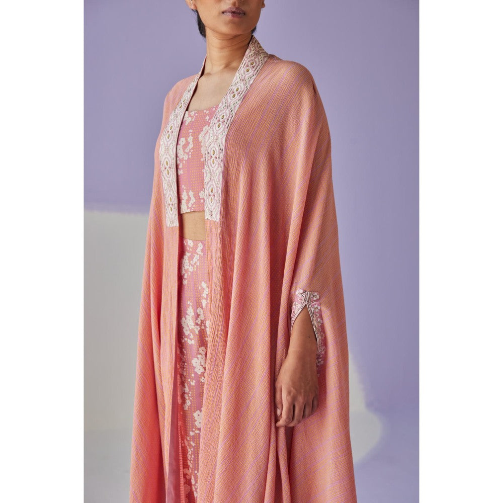 Surbhi Gupta Rose Pink Crinkled Cape with Blouse and Trouser (Set of 3)