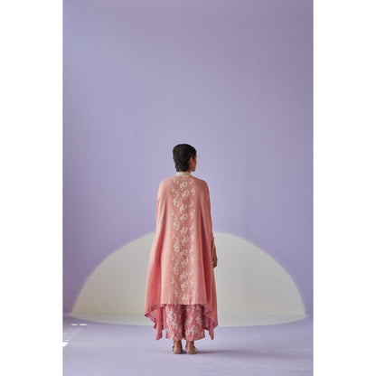 Surbhi Gupta Rose Pink Crinkled Cape with Blouse and Trouser (Set of 3)
