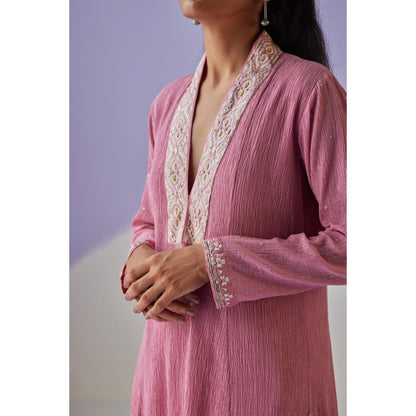 Surbhi Gupta Rose Pink Crinkled Kurta and Pant (Set of 2)