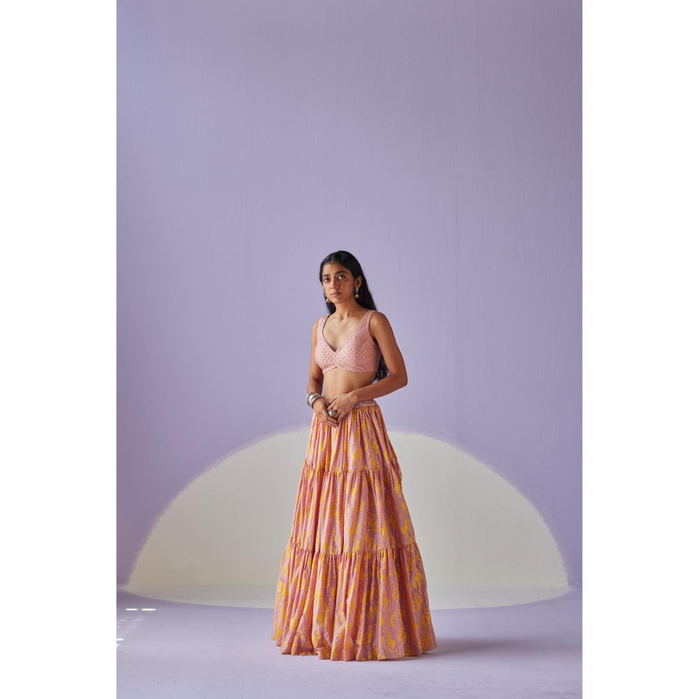 Surbhi Gupta Rose Pink Tiered Lehenga with Blouse and Dupatta (Set of 3)