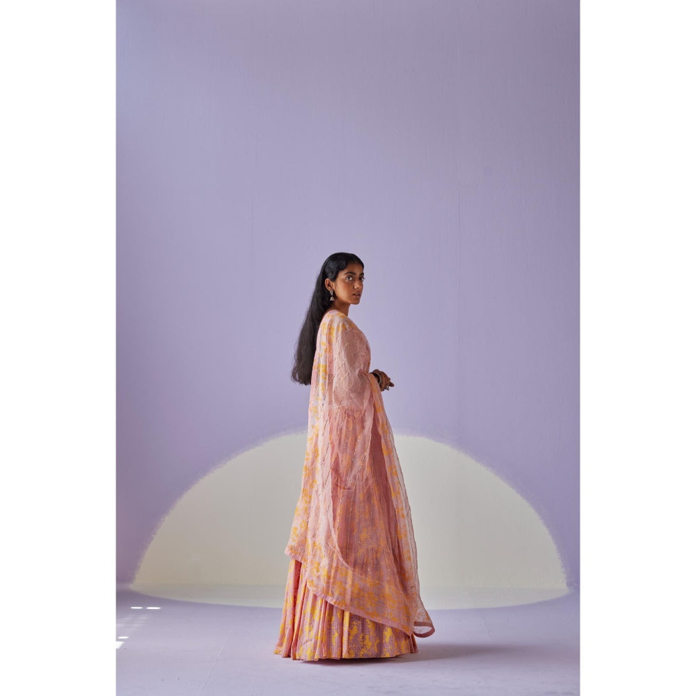 Surbhi Gupta Rose Pink Tiered Lehenga with Blouse and Dupatta (Set of 3)