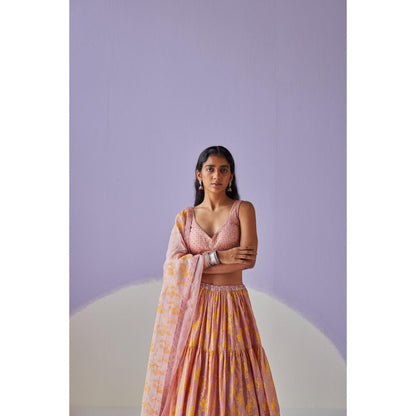 Surbhi Gupta Rose Pink Tiered Lehenga with Blouse and Dupatta (Set of 3)