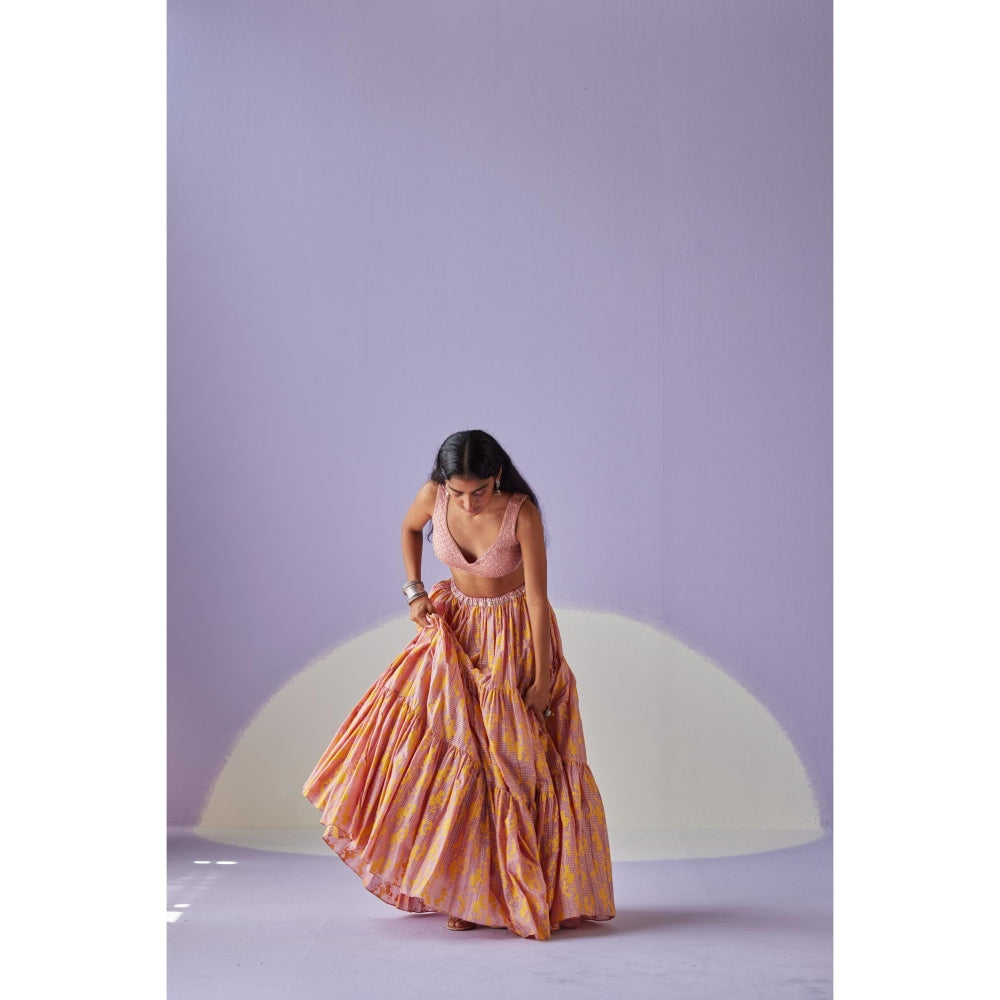 Surbhi Gupta Rose Pink Tiered Lehenga with Blouse and Dupatta (Set of 3)