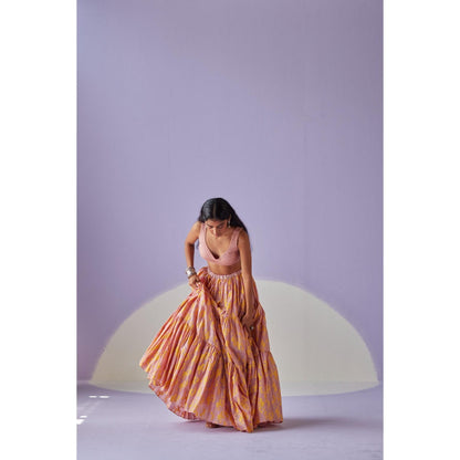 Surbhi Gupta Rose Pink Tiered Lehenga with Blouse and Dupatta (Set of 3)