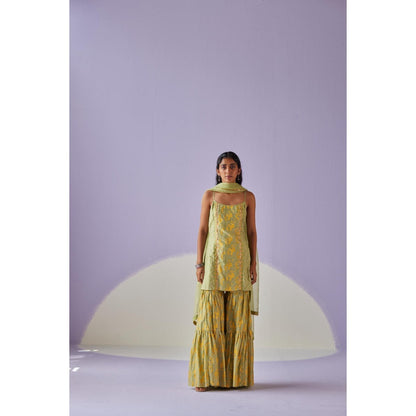 Surbhi Gupta Green Tiered Sharara with Kurta and Dupatta (Set of 3)