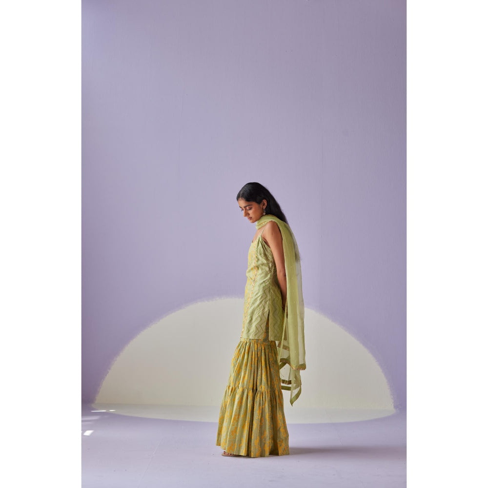 Surbhi Gupta Green Tiered Sharara with Kurta and Dupatta (Set of 3)