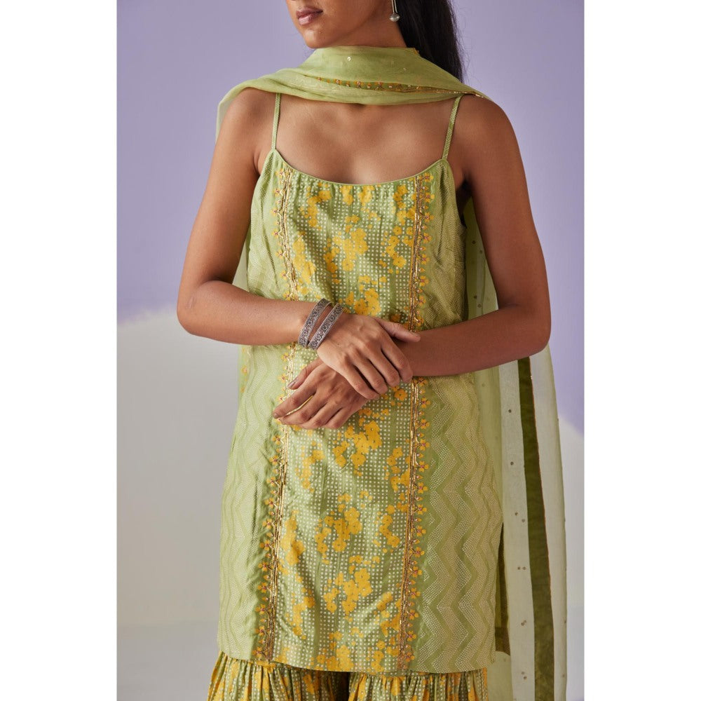 Surbhi Gupta Green Tiered Sharara with Kurta and Dupatta (Set of 3)