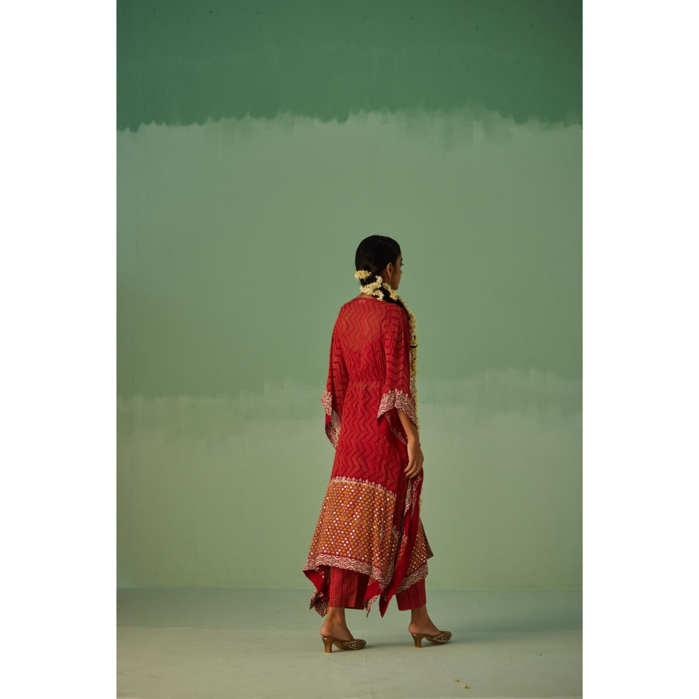 Surbhi Gupta Red Zig-Zag Kaftan with Blouse and Pant (Set of 3)