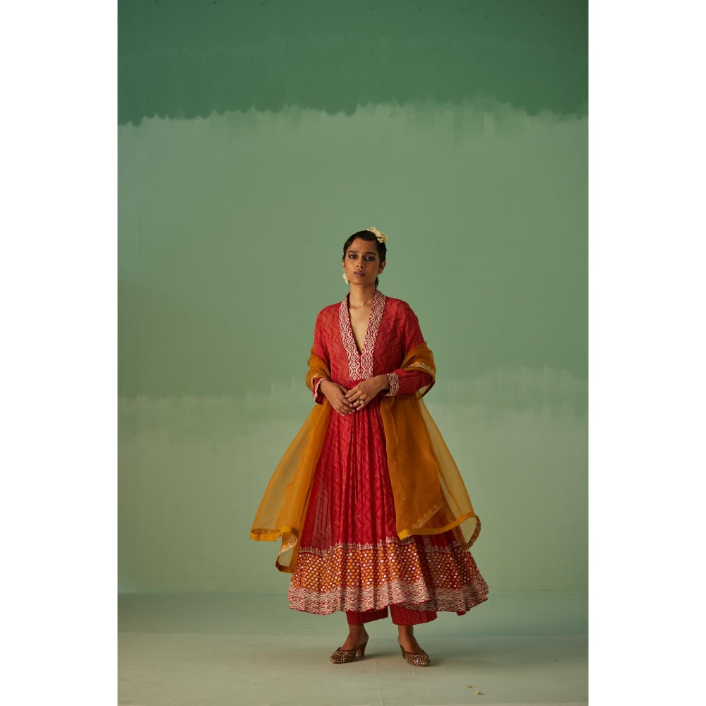 Surbhi Gupta Red Anarkali with Pant and Dupatta (Set of 4)