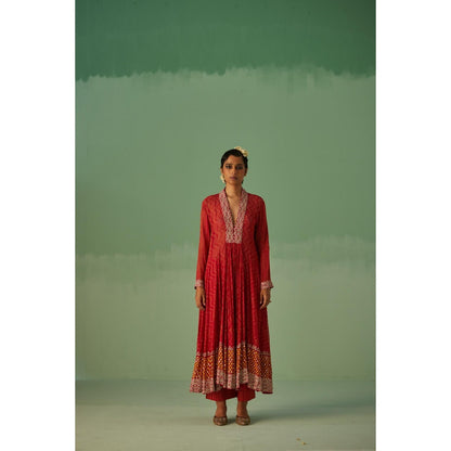 Surbhi Gupta Red Anarkali with Pant and Dupatta (Set of 4)