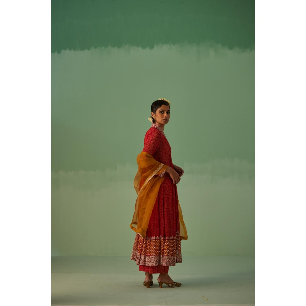 Surbhi Gupta Red Anarkali with Pant and Dupatta (Set of 4)