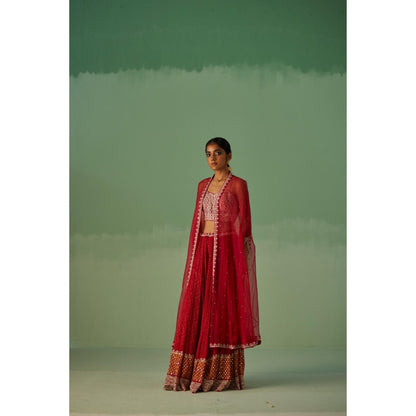 Surbhi Gupta Red Organza Cape, Blouse and Sharara (Set of 3)