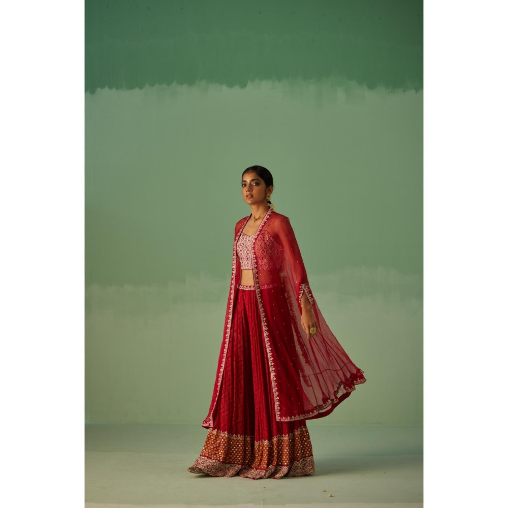 Surbhi Gupta Red Organza Cape, Blouse and Sharara (Set of 3)