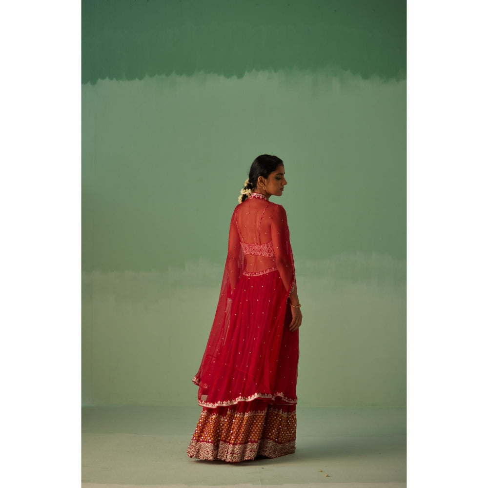 Surbhi Gupta Red Organza Cape, Blouse and Sharara (Set of 3)