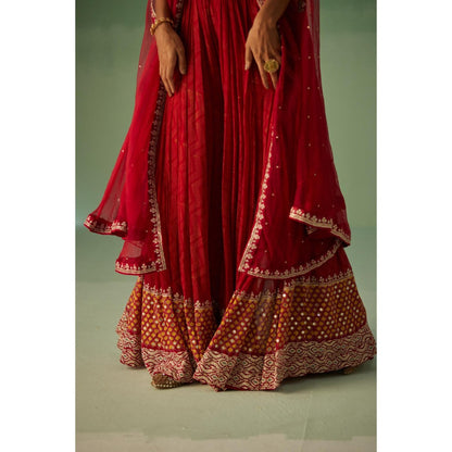 Surbhi Gupta Red Organza Cape, Blouse and Sharara (Set of 3)