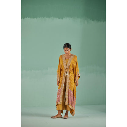 Surbhi Gupta Ochre Zig-Zag Kaftan with Blouse and Pant (Set of 3)