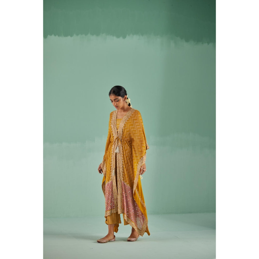 Surbhi Gupta Ochre Zig-Zag Kaftan with Blouse and Pant (Set of 3)