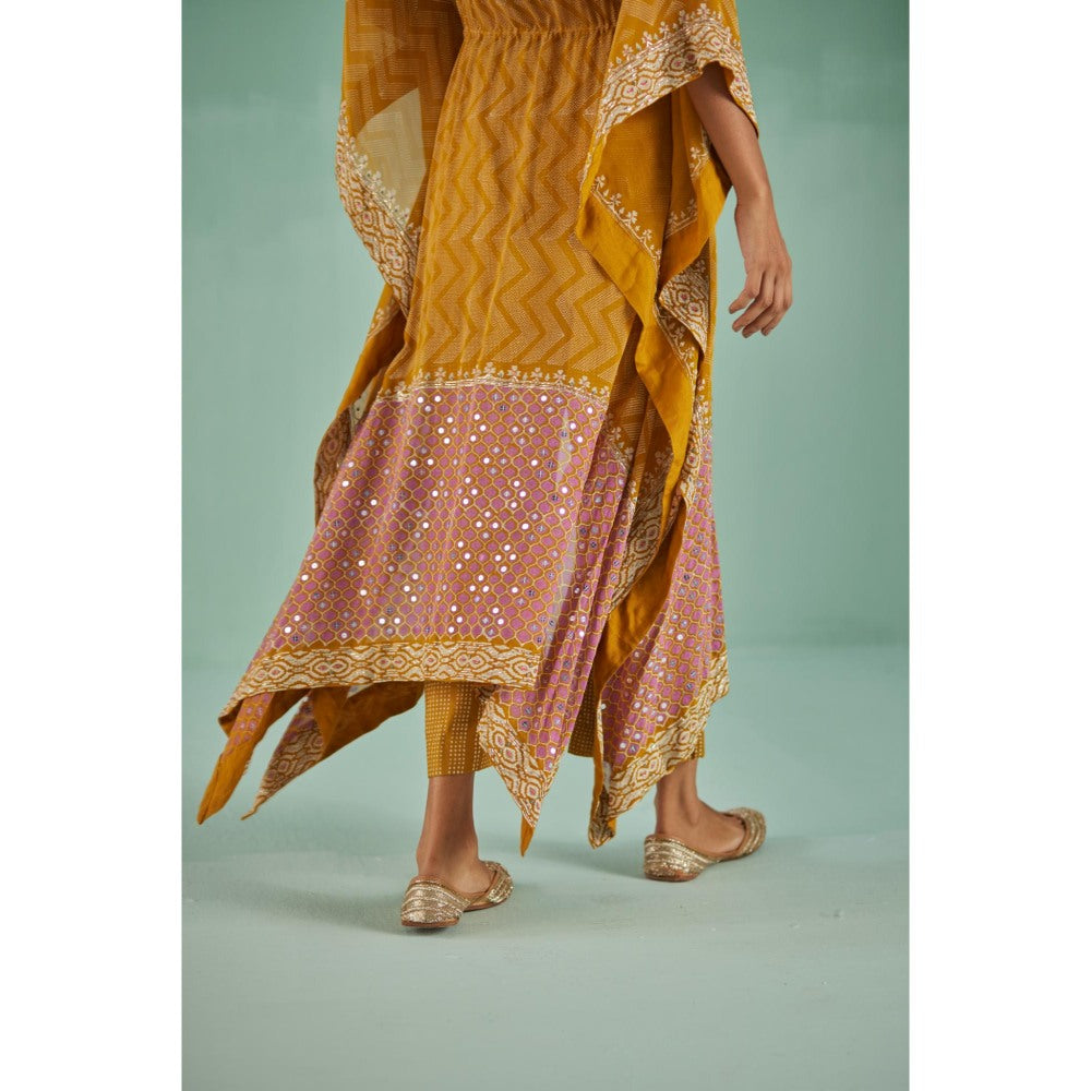 Surbhi Gupta Ochre Zig-Zag Kaftan with Blouse and Pant (Set of 3)