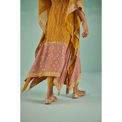 Surbhi Gupta Ochre Zig-Zag Kaftan with Blouse and Pant (Set of 3)