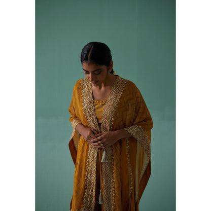 Surbhi Gupta Ochre Zig-Zag Kaftan with Blouse and Pant (Set of 3)