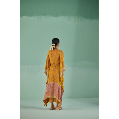 Surbhi Gupta Ochre Zig-Zag Kaftan with Blouse and Pant (Set of 3)