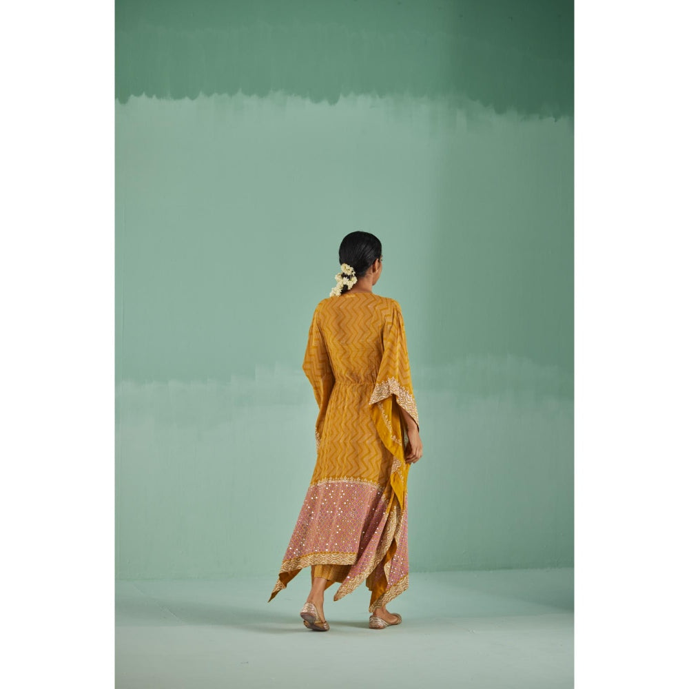 Surbhi Gupta Ochre Zig-Zag Kaftan with Blouse and Pant (Set of 3)