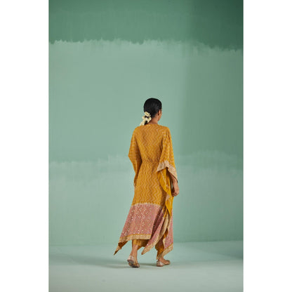 Surbhi Gupta Ochre Zig-Zag Kaftan with Blouse and Pant (Set of 3)