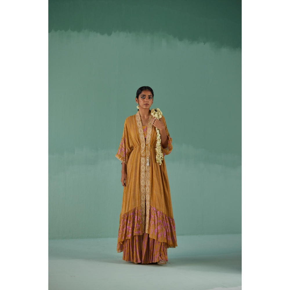 Surbhi Gupta Ochre Tiered Kaftan with Sharara and Blouse (Set of 3)
