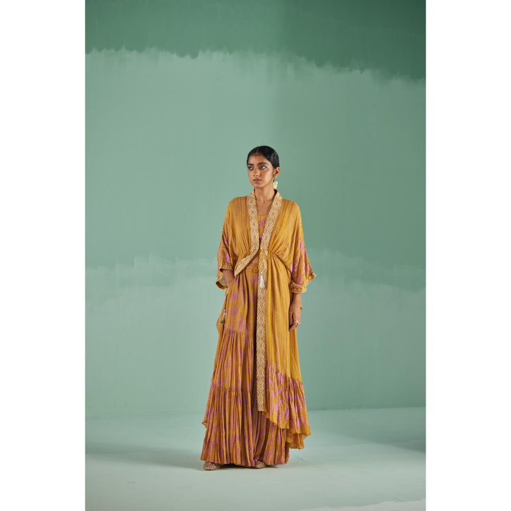 Surbhi Gupta Ochre Tiered Kaftan with Sharara and Blouse (Set of 3)