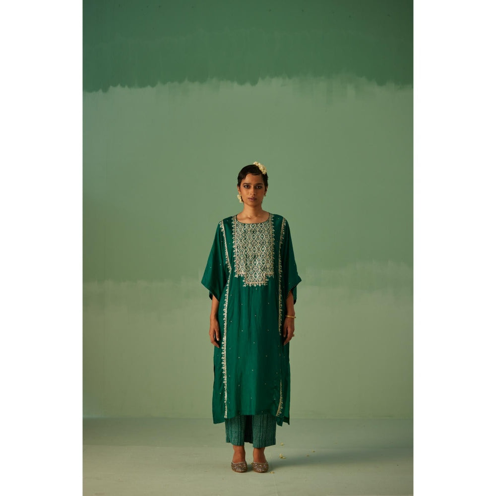 Surbhi Gupta Emerald Green Yoke Kaftan and Pant (Set of 3)