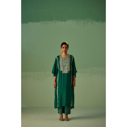 Surbhi Gupta Emerald Green Yoke Kaftan and Pant (Set of 3)