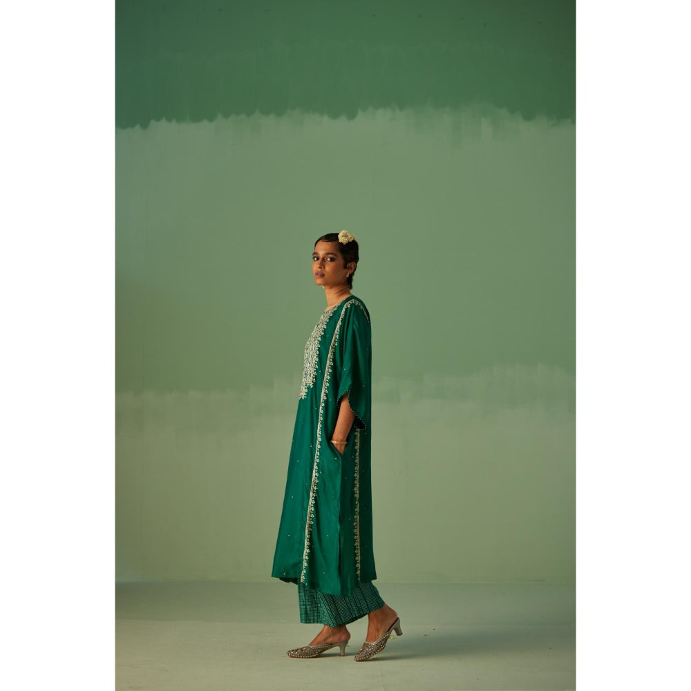 Surbhi Gupta Emerald Green Yoke Kaftan and Pant (Set of 3)